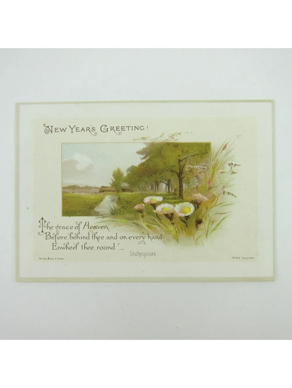 Victorian Greeting Card New Years Wirths Bros & Owen House Flowers Trees Antique